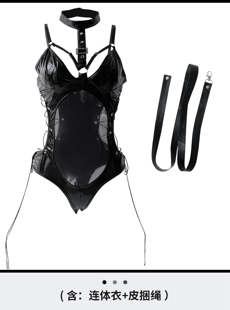 Deep V Sling Hollow One-piece Patent Leather Lingerie Set