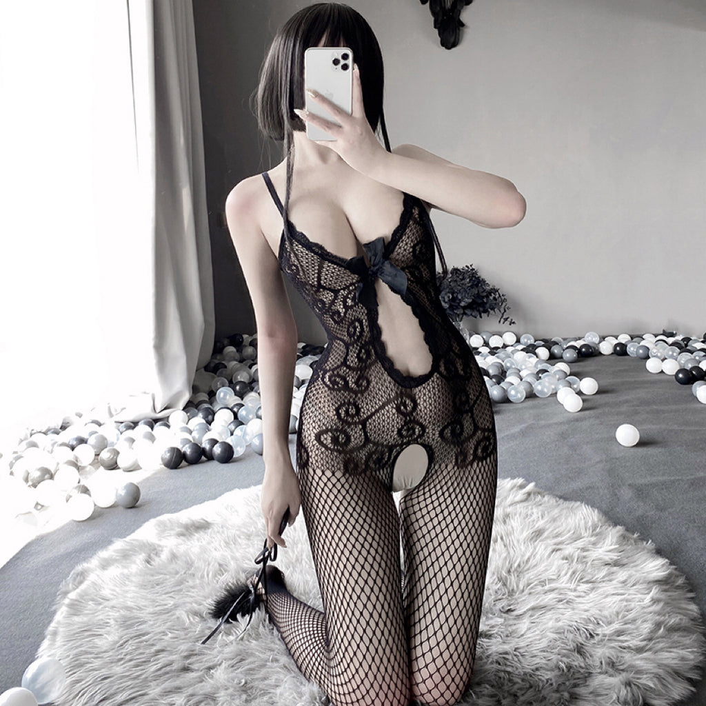 Sexy Black One-piece Fishnet Stockings Lingerie Set