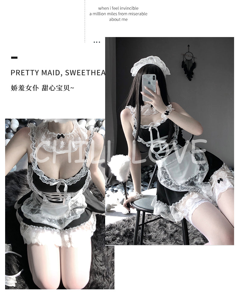 Sexy Maid Dress Cosplay Lace Deep V Lingerie Set