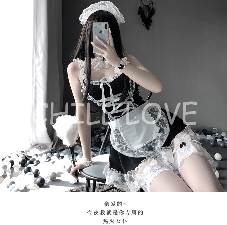 Sexy Maid Dress Cosplay Lace Deep V Lingerie Set